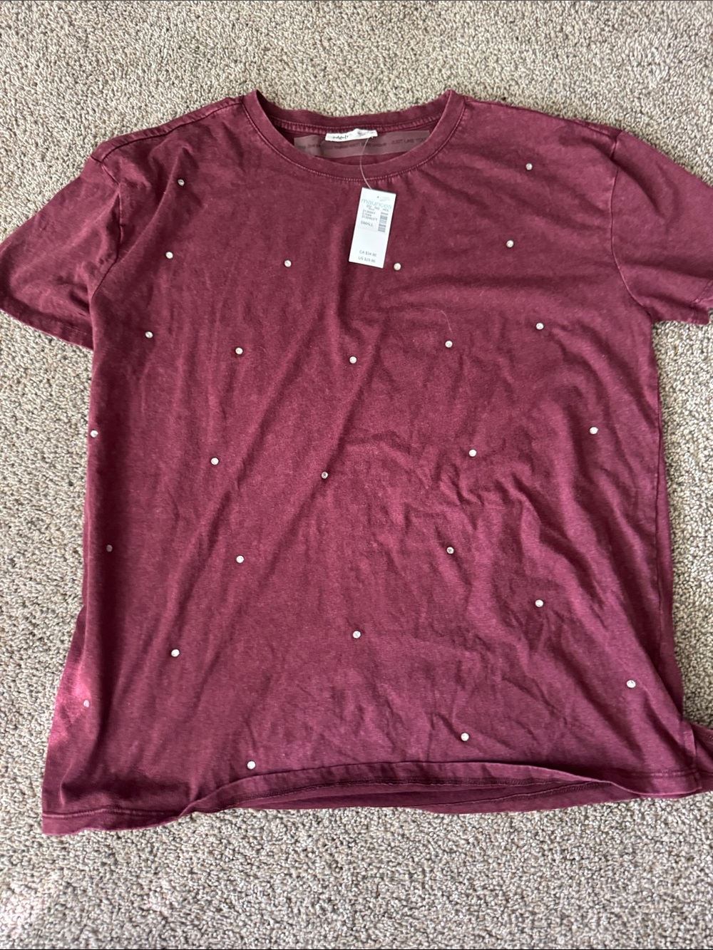 Everly Pearl-Studded Short Sleeve Tee - Burgundy